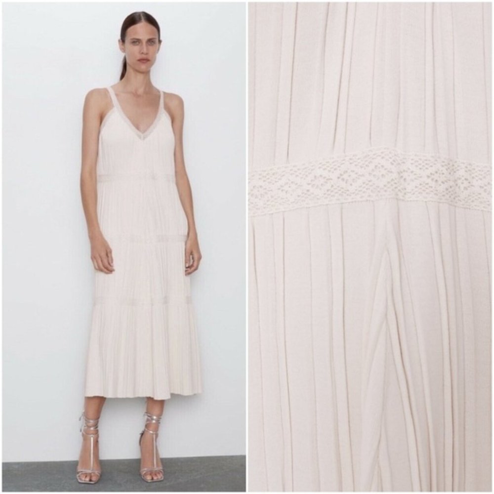 ZARA BANDAGE Knit Pleated Midi Dress Ivory Stretch Sleeveless V Neck Viscose L - Picture 3 of 16
